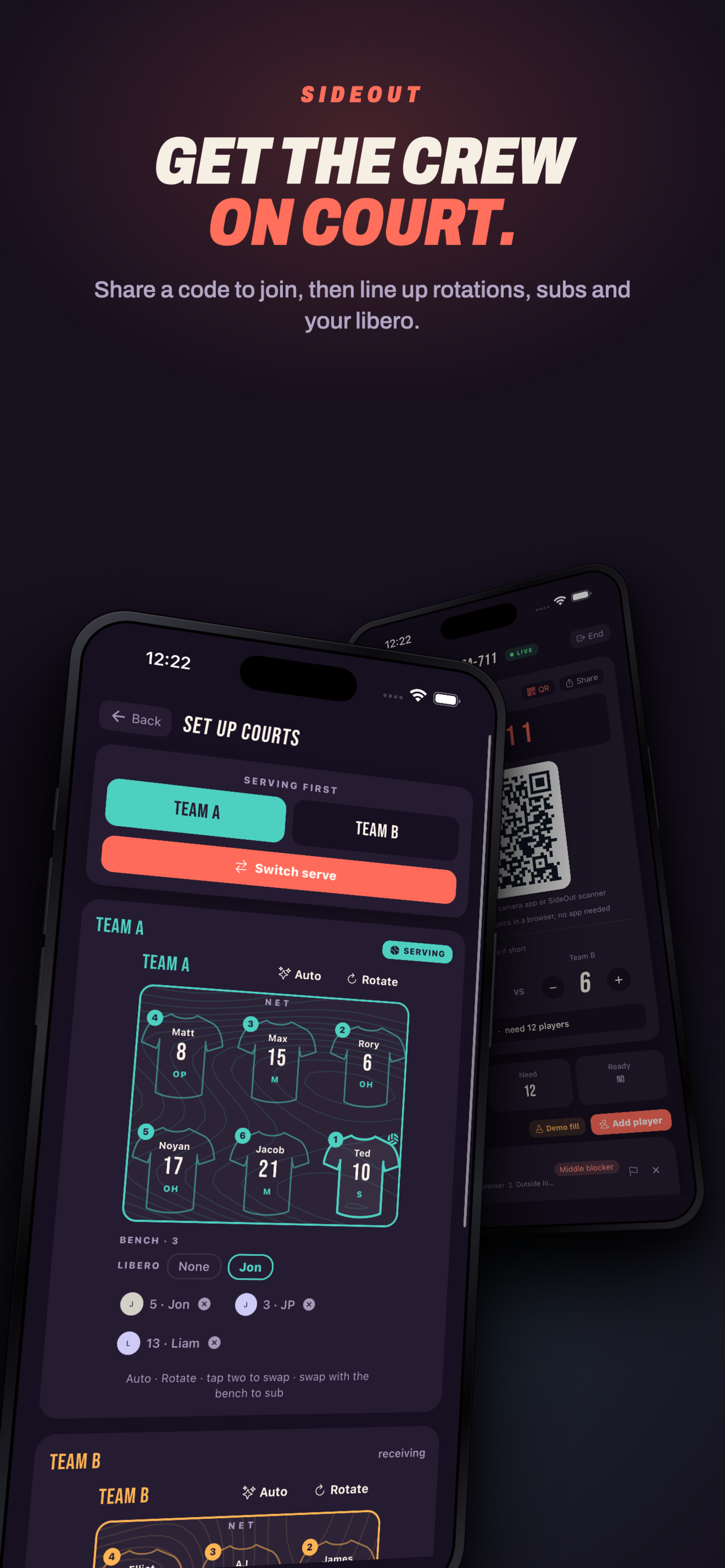 SideOut set up courts screen and join-by-QR code on iPhone
